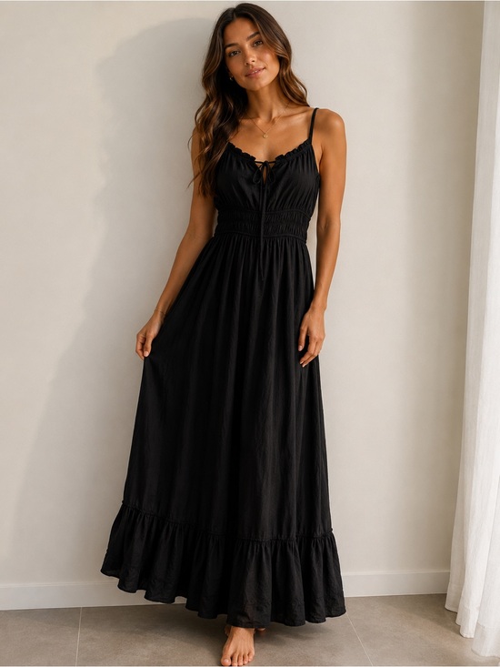 Scarlet Darkness Dresses & Skirts - Women's Black Smocked Maxi Dress with Ruffle Hem
